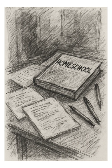 a table with paper, pens, and homeschool books, black and white sketch style sticker