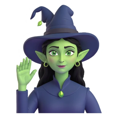 Wicked's Elphaba, hand on head, waving, theatrical, green skin, black hat sticker