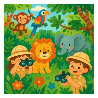 digital illustration of jungle safari in the style of children's illustration   sticker