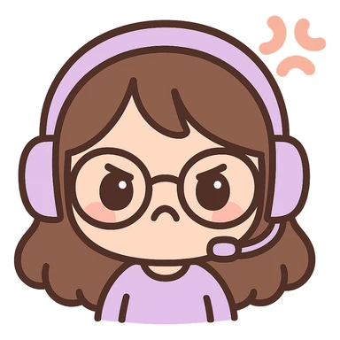 chibi style female brunette with glasses and a purple gaming headset, angry facial expression sticker