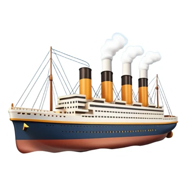 A miniature 3D Titanic ship emoji in Apple style, small and compact with smooth glossy surface, bright clean colors, simplified but recognizable details like smokestacks and windows, no facial features, floating on calm ocean, soft shadows, high-quality render, isolated on white background.



 sticker