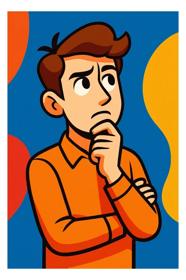 young man with brown hair and white skin, intelligent pose, thoughtful expression, colorful illustration style sticker