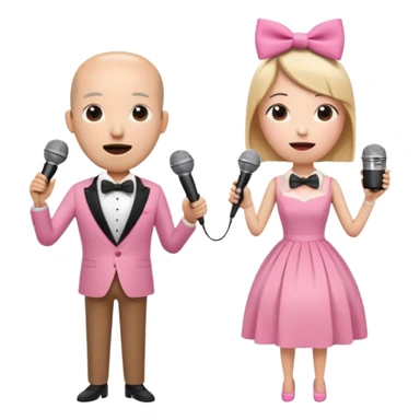 two whimsical characters together, one with a wooden cylindrical head and bow tie, the other with a coffee cup head and pink dress, both singing into microphones, full body sticker