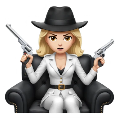 Mafia blondes angry woman in hat , gun ,black armchair , white costume  sticker