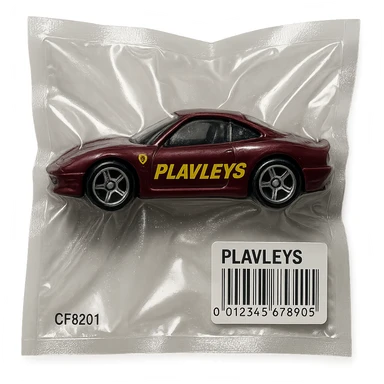 burgundy Hot Wheels toy car Ferrari with the word 'PLAVLEYS' written on the side, glossy and puffy, vacuum-sealed style sticker
