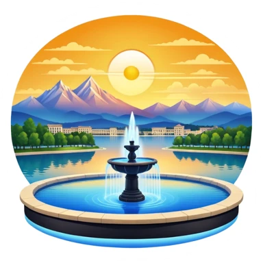 Please generate an image of a sunrise illuminating a lake with a huge fountain like that in the Geneva lake and some mountains in the background. sticker