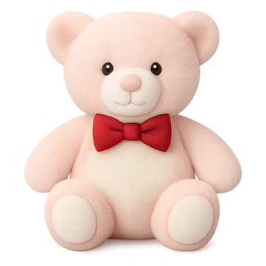 Add a bow tie to the teddy bear, keeping the pink and white fur, flat lighting, no shadows or background, soft plush look, maintain transparency. The style should reflect a soft plush teddy bear with flat lighting and no shadows, isolated on a transparent background. sticker