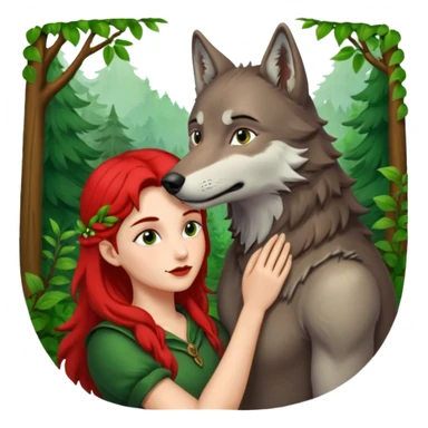 Caperucita roja acariciando la cabeza de un lobo macho en un bosque sticker
