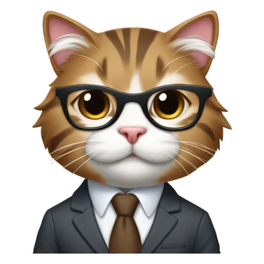 an anthropomorphic brown and white tabby cat with long fur, glasses, wearing a suit sticker