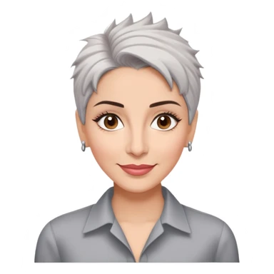 Puerto Rican actress Marian Pabón with elongated face, light pinkish skin, almond-shaped expressive eyes, straight nose, well-defined lips with wide smile, arched eyebrows, pronounced cheekbones, short spiky gray hair like a man's cut, wearing a white buttoned shirt sticker