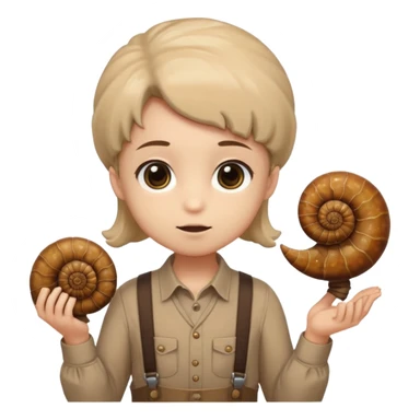 Shelly has a small, chibi-style body with a large ammonite-shaped head that looks like a beige fossil shell. One side of her head has a dark opening, making it clear she isn’t human. Her face is simple and soft, with big round eyes. She wears a brown suspender outfit over a lighter shirt sticker