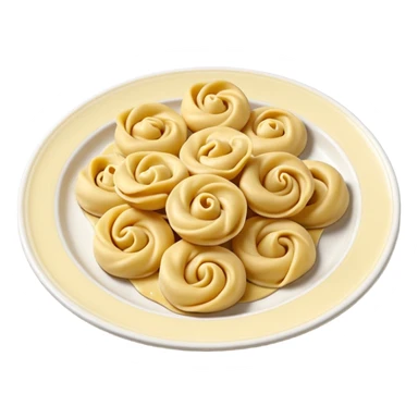 single uncooked tortellini, smooth pale yellow dough, neatly folded ring shape, soft curves, slightly flour-dusted surface, visible central pinch, no sauce, plate, or extras, soft lighting, subtle shadows, emoji scale sticker