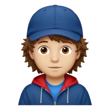 brown fluffy hair kid with blue and white cap dark blue jilet red t shirt sticker