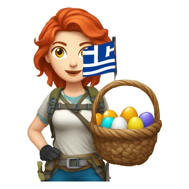 Greek Female winter mountaineer red hair white skin climbing with Greek Flag and Easter eggs basket sticker