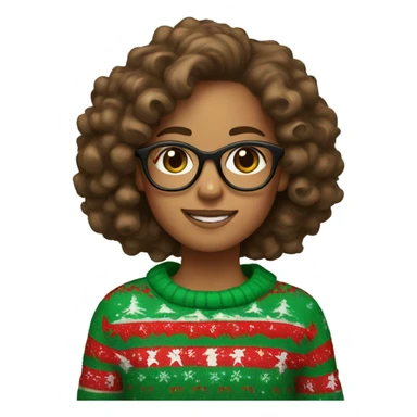 A girl with brown curly hair glasses and a christmas red and green sweater sticker