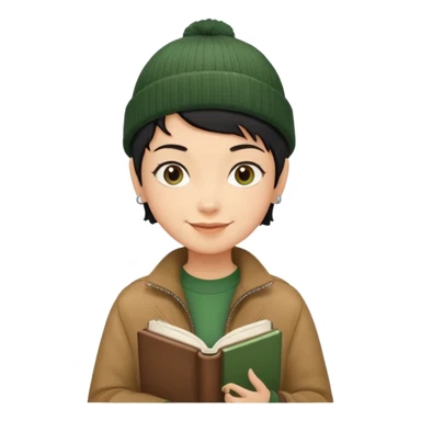 tan skin, non binary man with pixie cut black hair, wearing brown jacket and dark green beanie, smiling , holding up  book  sticker