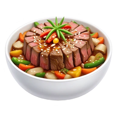 Cinematic Realistic Bulgogi Dish Emoji, featuring tender, marinated beef stir-fried with vegetables rendered with dynamic textures and mouth-watering lighting. sticker
