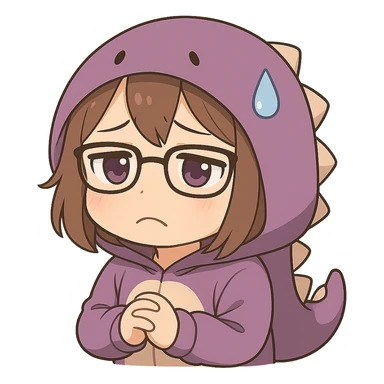 Chibi anime style gamer girl with glasses, brown hair, dark purple eyes, wearing a purple dinosaur costume, making a sad emote, no controller, same style as reference, with no background sticker