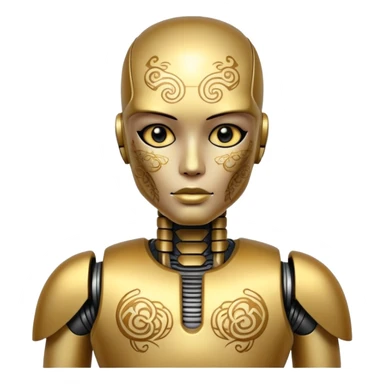 gold Tatooed robot, big many tatooes on chest, neck and face, white tatoo on face sticker