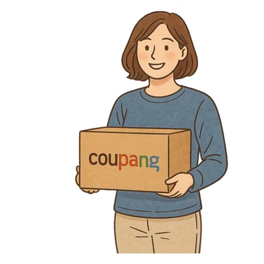 woman holding a Coupang delivery box, casual clothing, friendly atmosphere, illustration style sticker