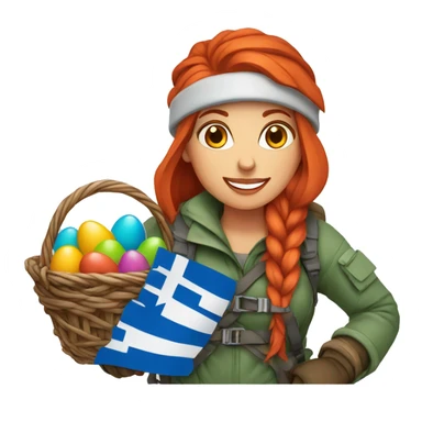 Female winter mountaineer red hair climbing with Greek flag and holding Easter eggs basket sticker