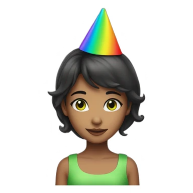 girl with dark hair and green eyes in rainbow party hat  sticker
