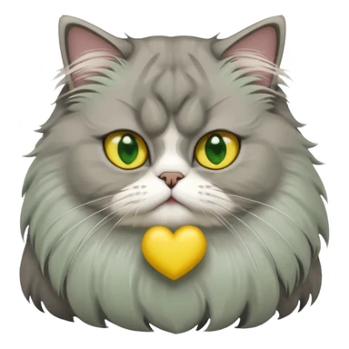 Persian cat with long gray fur, white patch on forehead, white chest, big cute yellow-green eyes, crouching position, emoji style sticker