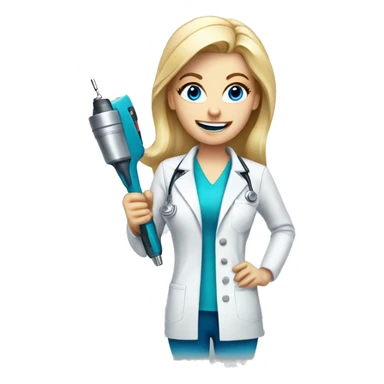 female dentist blonde with blue eyes holding drill sticker