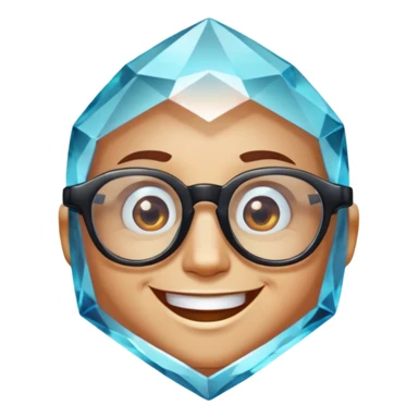 A single crystal gemstone character wearing glasses, chunky and irregular with faceted very sharp sides, smile, , high detail, sticker