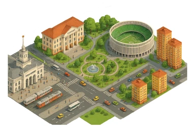 Изометричная миниатюрная фотореалистичная 3D модель панорамы Краснодара - вокзал Краснодар, КубГМУ, парк Краснодар со стадионом, краснодарские дома, автотранспорт четкие линии, яркие цвета, мультяшный реализм, люди, автотранспорт, компактная композиция, вид сверху в изометрии, прозрачный фон sticker