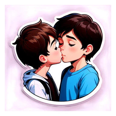 A brown hair boy that’s white kissing a black hair slightly older boy that’s white sticker