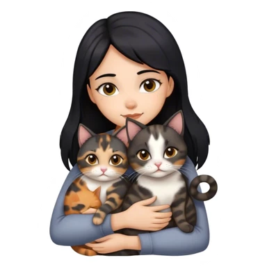 girl with black hair hugging three cats  (tortie cat, full gray cat, brown calico cat) sticker