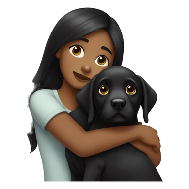 girl with very long black hair and dark skin hugging a black Labrador puppy sticker