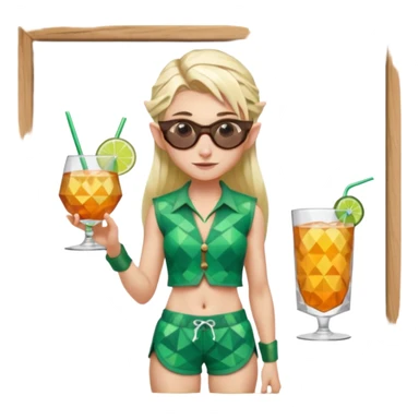 elf female legolas portrait, patterned board shorts (geometric/abstract), unique wooden-framed sunglasses, undercut hairstyle, slight smirk, visible pointy ears, no background, centered emoji, hipster summer vibe coctails  sticker