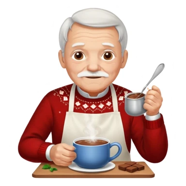 A gentle old man in a festive sweater and a white apron, stirring a pot of rich hot chocolate. sticker
