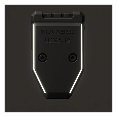 Add a thin white LED light strip along each side of the device, keeping the rest of the design unchanged. Maintain the technical, orthographic back view of the NOVASEC LUMA 12 underbarrel attachment in a detailed, technical style. sticker