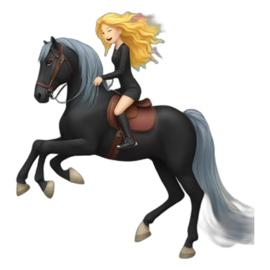 Woman with long long rainbow hair riding a black walking horse sticker