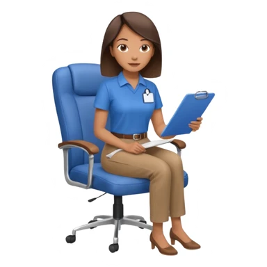 Generate an emoji of a female AI ethicist in blue shirt brown pant sitting in a chair and has a checklist stating AI ethics elements like stop bias, fairness score sticker