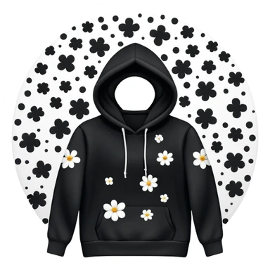 The BLACK Hoodie features a black base with distinctive white and black  open flower spots with empty space in the middle, These hollow ring-like patterns are scattered across. BLACK AND WHITE FLOWERS SPACED OUT FLOWERS, AND ONLY A FEW FLOWERS AND NO DOTS, NO VINES, NO LEAVES sticker