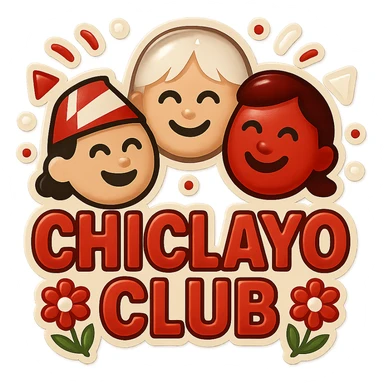 Restyle the logo with three simple, friendly faces in the original emoji/sticker look but less childish and more modern. Use only Peruvian colors for accents. Keep the flowers. Include the text 'Chiclayo Club'. Use a white background. sticker