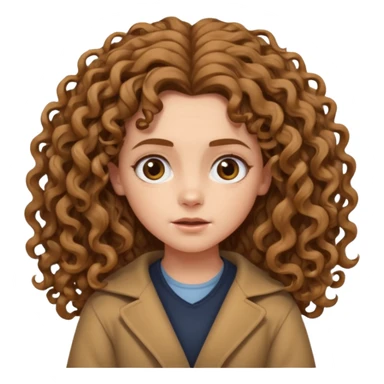 hermione shrugging, long light brown very curly voluminous hair, reaching below the shoulders, thick and full curls, messy natural texture, cartoon emoji style. sticker