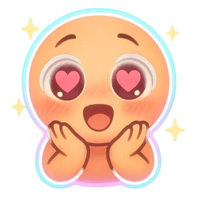 chibi emoji with wide eyes, heart-shaped pupils, soft lighting, blush cheeks, star sparkles, neon blue and pink glow, discord emoji size sticker