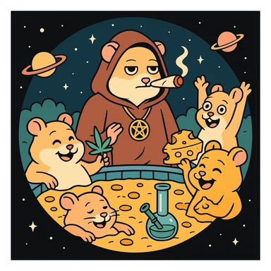 circular Discord server icon, centered composition of a hamster cult weed and cheese pool party at night, 80s cartoon style, bold outlines, bright colors, space backgrounds sticker