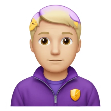 Crea un emoji de un electricista, hombre rubio con pelo corto hacia al lado, sin gafas, con forro polar morada y nombre empresa INDYDES sticker