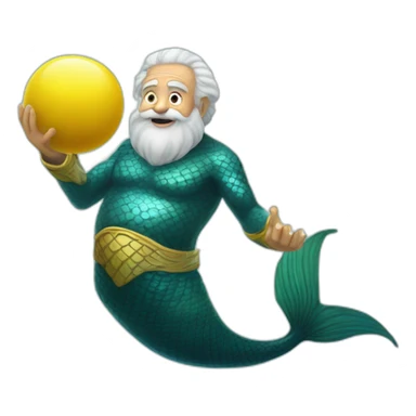 Underwater happy old and bold man mermaid swimming, snorkel equipement, holding a small yellow ball, winning enthousiasm with kungfu pose sticker