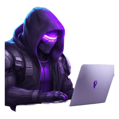 Side view developer behind his laptop with this style : crysis Cyberpunk Valorant neon glowing bright purple character purple violet black hooded assassin themed character sticker