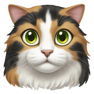 This cat has a calico coat with black, orange, and white fur. It has green eyes, white paws, and a curious look. sticker