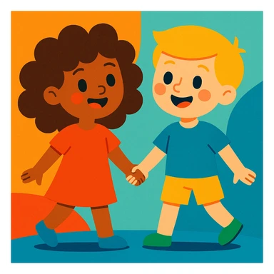 brunette curly haired girl and blonde boy holding hands, vibrant and friendly style sticker