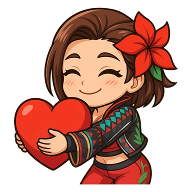 Azucena from Tekken 8 in chibi sticker style, giving a big hug with a warm expression, wearing the detailed red and patterned outfit from the reference images, designed for Twitch emote use. sticker