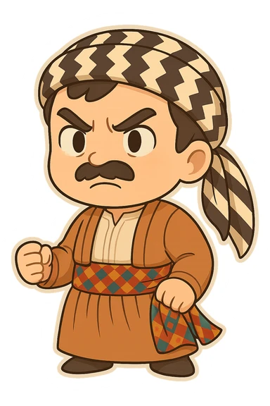 Create a chibi Kurdish cartoon sticker based on the reference image, showing an angry (upset) expression, with a transparent background. sticker